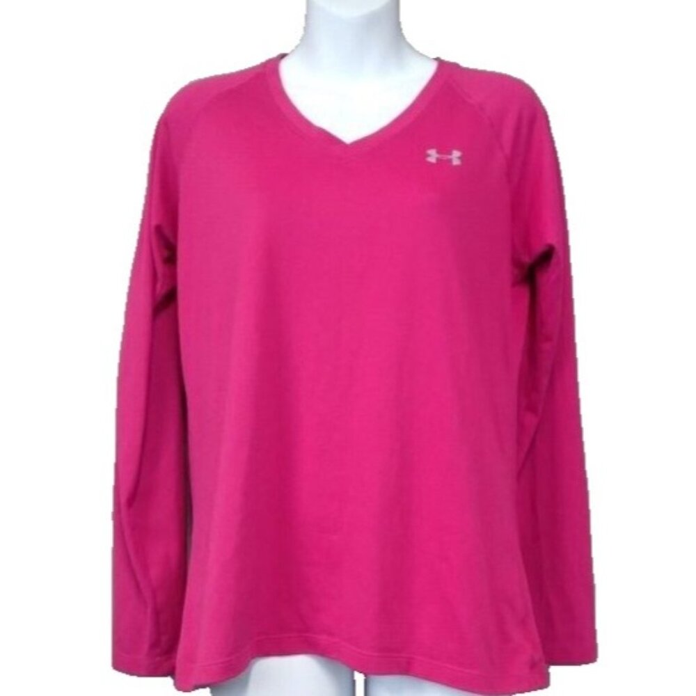 Under Armour Heat Gear Womens Top‎ Medium Pink Long Sleeve V Neck Athletic